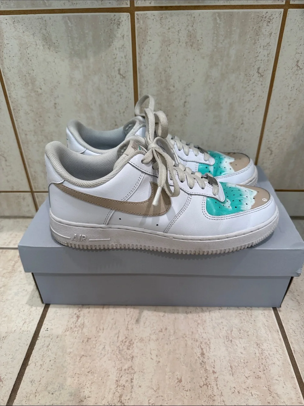 Nike Women’s White Air Force 1 with Teal and Tan Painted Accents (One of a Kind)